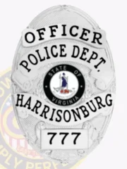 Detailed silver oval police badge for Harrisonburg Officer featuring the Virginia state seal at its center, surrounded by silver banners labeled "OFFICER," "POLICE DEPT.," "HARRISONBURG," and the number "777," designed with a safety pin attachment.
