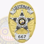 Vintage Oval Shield Badge with Background Rays, 5 Point Star Center, 4 Text Panels, Ribbon Edge view 1