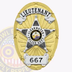 Gold oval metal badge for clearwater police lieutenant showcasing a textured gold surface with a five-point silver star in the center framing the colorful florida state emblem, white curved banner with lieutenant on top, and 667 displayed on a silver plaque at the base, attached via safety pin.