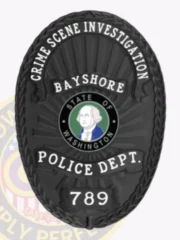 Oval black metal badge customized for Bayshore Police Crime Scene Investigation, highlighted by a detailed laurel leaf border and raised stripes, white lettering with the words "CRIME SCENE INVESTIGATION," "BAYSHORE," "POLICE DEPT.," and badge number "789," attached via safety pin.