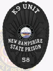 Custom metal badge in black with safety pin attachment, designed for the K9 Unit at the New Hampshire State Prison. The badge features a central state emblem, flanked by the text "K9 UNIT" at the top and "NEW HAMPSHIRE STATE PRISON" at the bottom. Its bold black finish exudes authority and professionalism, while the safety pin attachment allows for secure placement on uniforms, ensuring easy visibility and access for the wearer.