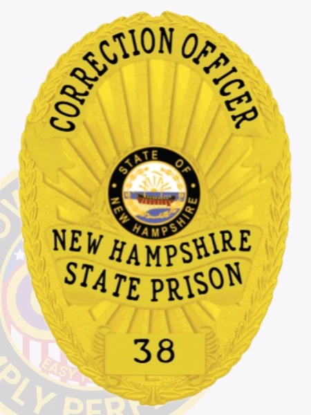 Custom metal badge in gold with safety pin attachment, designed for a correction officer at the New Hampshire State Prison. The badge features a vibrant state emblem at the center, with the text "CORRECTION OFFICER" at the top and "NEW HAMPSHIRE STATE PRISON" below. Its polished gold finish adds an authoritative touch, making it a prominent symbol of duty and service. The safety pin attachment ensures secure placement on uniforms.