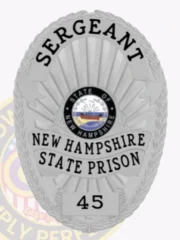 Custom metal badge in silver with safety pin attachment, designed for a sergeant at the New Hampshire State Prison. The badge features a central state emblem, surrounded by the text "SERGEANT" at the top and "NEW HAMPSHIRE STATE PRISON" at the bottom. Its sleek silver finish provides a modern and professional appearance, while the safety pin attachment ensures secure fastening to uniforms, making it both functional and visually appealing.