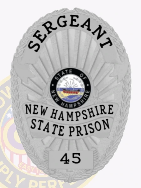 Custom metal badge in silver with safety pin attachment, designed for a sergeant at the New Hampshire State Prison. The badge features a central state emblem, surrounded by the text "SERGEANT" at the top and "NEW HAMPSHIRE STATE PRISON" at the bottom. Its sleek silver finish provides a modern and professional appearance, while the safety pin attachment ensures secure fastening to uniforms, making it both functional and visually appealing.