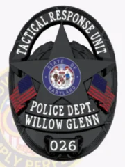 This stylish custom metal badge in black showcases a refined star shape adorned with intricate details. The title "TACTICAL RESPONSE UNIT" is featured prominently at the top in bold white letters, with "WILLOW GLENN" directly below. The center displays the state seal of Maryland, surrounded by "POLICE DEPT." A safety pin attachment provides an easy way to secure the badge.