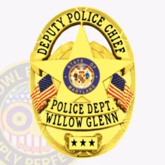 This impressive custom metal badge in gold highlights a unique star shape with detailed engraving. The top section reads "deputy police chief" in prominent black lettering. Centrally located is the maryland state seal, framed by "police dept. " and "willow glenn. " at the bottom, three stars are clearly displayed. A durable safety pin attachment allows for easy and secure wear of the badge.