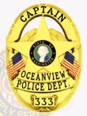 Oceanview police captain gold metal badge in an oval shape featuring a central five-point star stamped with the State of Washington seal, bold black text CAPTAIN curved above, OCEANVIEW POLICE DEPT. printed beneath the star, badge number 333 shown on a plate at the bottom, with two American flags on both sides and safety pin for fastening.