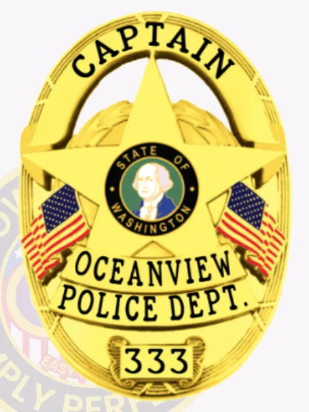Oceanview police captain gold metal badge in an oval shape featuring a central five-point star stamped with the State of Washington seal, bold black text CAPTAIN curved above, OCEANVIEW POLICE DEPT. printed beneath the star, badge number 333 shown on a plate at the bottom, with two American flags on both sides and safety pin for fastening.