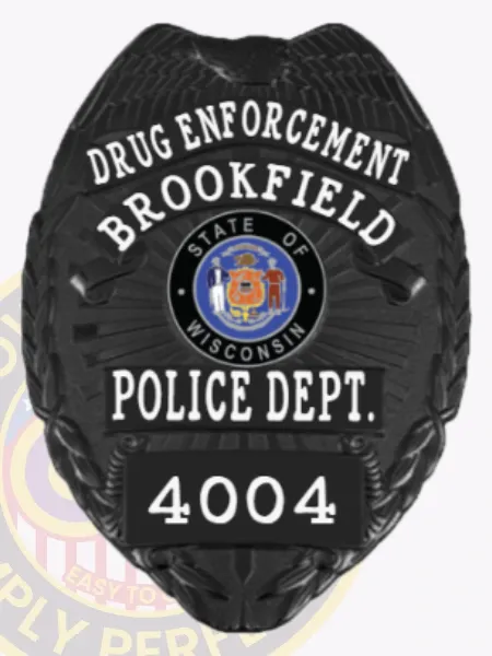 Black metal badge with an eagle perched at the top, customized for Brookfield Police Drug Enforcement, displaying bold white lettering on curved black scrolls stating "DRUG ENFORCEMENT," "BROOKFIELD," and "POLICE DEPT.," with badge number "4004" on a black plate at the bottom, encircling the vibrant Wisconsin state emblem, secured by a velcro.