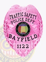 Custom metal badge in BCAM pink color featuring an eagle design at the top. The badge prominently displays the text "TRAFFIC SAFETY POLICE DEPT." along with "BAYFIELD" and the Alabama state seal in the center. The badge number "1122" is clearly visible, and it is designed with a safety pin attachment for secure fastening.
