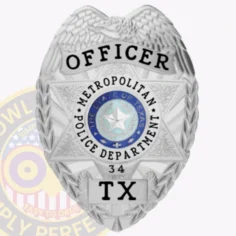 A sleek custom metal badge in silver, prominently featuring the word "officer" at the top. The badge showcases a central blue star emblem encircled by the text "metropolitan police department" and "the state of texas. " intricate detailing includes laurel leaves along the edges, enhancing its official look. The badge is marked with the number "34" and "tx" at the bottom, representing its status as a personalized police badge.