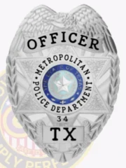 A detailed custom metal badge in silver, prominently displaying the word "OFFICER" at the top. The badge features a star emblem in the center with the text "METROPOLITAN POLICE DEPARTMENT" and "THE STATE OF TEXAS" encircling a blue star. The badge is designed with intricate patterns, including laurel leaves along the edges, and is marked with the number "34" and "TX" at the bottom, showcasing its official status as a personalized police badge.