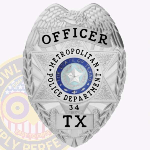 A sleek custom metal badge in silver, prominently featuring the word "OFFICER" at the top. The badge showcases a central blue star emblem encircled by the text "METROPOLITAN POLICE DEPARTMENT" and "THE STATE OF TEXAS." Intricate detailing includes laurel leaves along the edges, enhancing its official look. The badge is marked with the number "34" and "TX" at the bottom, representing its status as a personalized police badge.