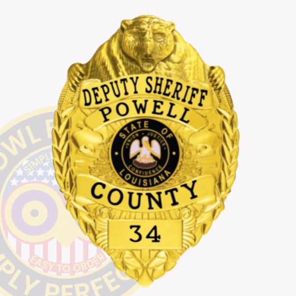 A close up of a custom metal badge with bear head top in gold, prominently displaying the title "DEPUTY SHERIFF" at the top, followed by the name "POWELL." The center features the state seal of Louisiana, encircled by the words "COUNTY" and the number "34" at the bottom. The bear head design adds a distinctive and authoritative touch to the badge. The polished gold finish enhances the overall appearance, showcasing its significance in law enforcement.