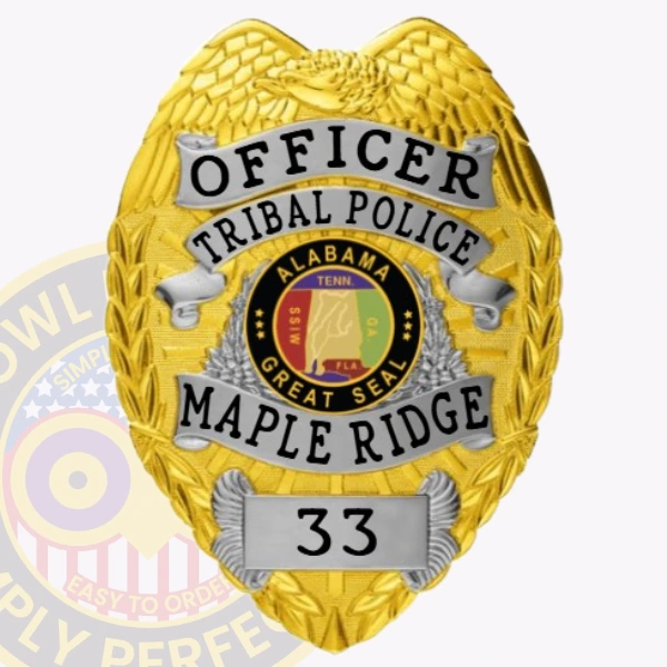 tribal police officer badge in gold with silver panels and eagle top 3-C11CB Buy Custom Badges And Design, Create, Build and Order Personalized Badges and Customized Badges Tribal Police Badges Gold Silver Badges