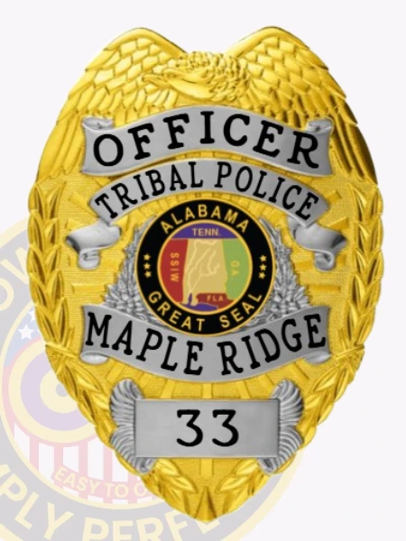 tribal police officer badge in gold with silver panels oval shape with eagle top long photo 3-C11CB Buy Custom Badges And Design, Create, Build and Order Personalized Badges and Customized Badges Tribal Police Badges Gold Silver Badges B