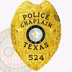 This distinguished custom metal badge in gold color features an intricate design with winged edges, prominently displaying "police chaplain" at the top and "texas" at the bottom. The center showcases the state emblem of texas, along with the badge number "524," and is equipped with a safety pin attachment for secure wear.
