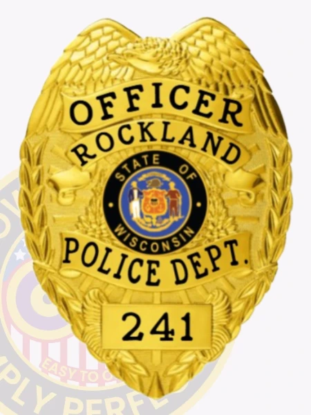 A shiny custom metal badge in gold with black lettering, shaped like a shield and featuring ornate detailing. The badge displays "OFFICER ROCKLAND" at the top and "POLICE DEPT." beneath it in bold black letters for clear visibility. In the center, the state seal of Wisconsin is encircled by a black ring, showcasing its intricate design. The badge also includes the number "241" at the bottom. The bright gold finish and contrasting black lettering of this custom metal badge in gold with black lettering emphasize its authority and professionalism, symbolizing pride in law enforcement.