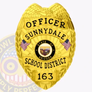 An eye-catching custom metal badge in gold color, adorned with "OFFICER SUNNYDALE" prominently displayed above a round emblem that represents the state of Arizona. The badge features the unique identification number, 163, and comes with a safety pin attachment for secure placement.