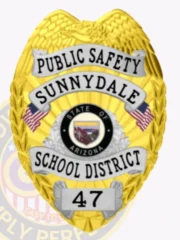 A custom metal badge in gold with silver panels, designed for public safety officers. The badge features the text 'PUBLIC SAFETY SUNNYDALE' at the top, with the state seal of Arizona at the center. Below, it reads 'SCHOOL DISTRICT 47,' all highlighted by intricate eagle wing details and small flags, emphasizing its official and personalized design.