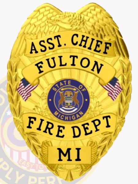Featuring a bold design, this custom metal badge in gold color comes with a sturdy safety pin attachment. It reads "ASST. CHIEF FULTON" and "STATE OF MICHIGAN," complemented by the emblem, showcasing authority and pride in firefighting.