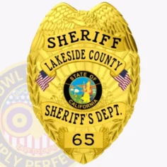 A close up of a custom metal badge in gold, prominently displaying the title "sheriff" at the top, followed by "lakeside county. " the center features the state seal of california within a circular design, flanked by decorative elements including american flags. Below the seal, the badge reads "sheriff's dept. " and the number "65. " the polished gold finish highlights the intricate details and official appearance, emphasizing its significance as a symbol of authority in law enforcement.