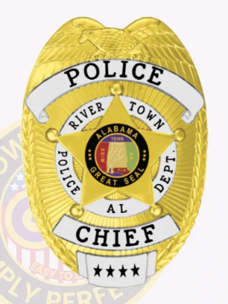 A gold custom metal badge highlighted by elegant silver panels, prominently featuring the title "CHIEF" at the bottom. The badge includes text for "RIVER TOWN POLICE DEPT." and showcases the Alabama state seal in its center, designed with a safety pin attachment for convenience.