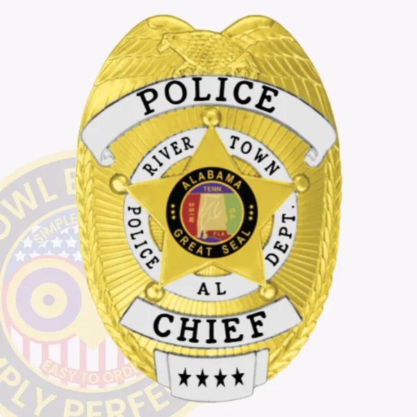 A close up view of a custom metal badge in gold color with sleek silver panels, displaying "CHIEF" boldly at the bottom. The badge features "RIVER TOWN POLICE DEPT." along with the Alabama state seal and decorative stars, all equipped with a safety pin attachment for secure fastening.