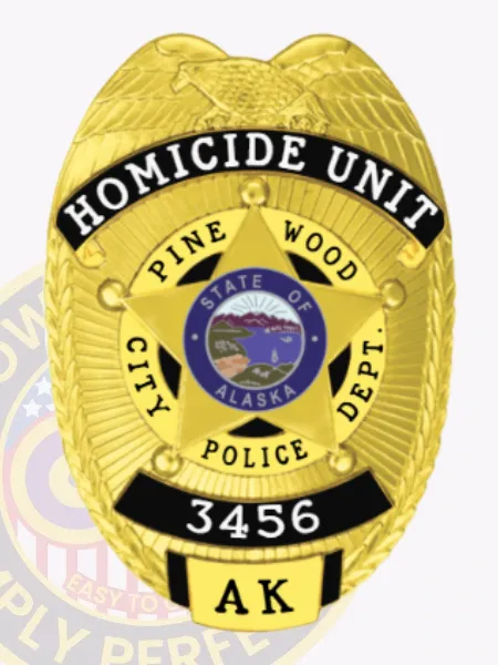 Custom metal badge in a vibrant gold hue with contrasting black panels, clearly displaying "HOMICIDE UNIT" at the top. This badge includes "PINE WOOD CITY POLICE DEPT." text along with the Alaska state seal in a star shape, and the identification number "3456," finished with a safety pin attachment for secure use