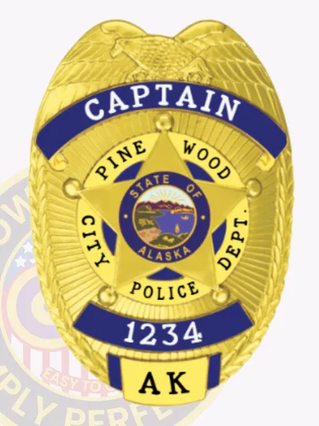 Custom metal badge in gold color with sleek blue panels, displaying the title "CAPTAIN" boldly at the top. The badge features "PINE WOOD CITY POLICE DEPT." along with the Alaska state seal and badge number "1234," all equipped with a safety pin attachment for secure fastening.