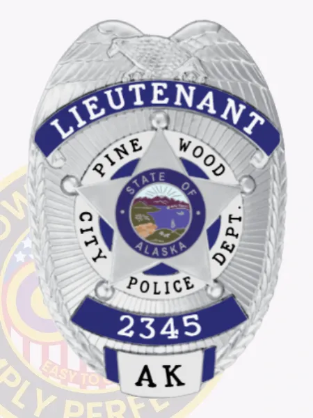 Silver custom metal badge highlighted by blue panels, prominently featuring the title "LIEUTENANT" at the top. The badge includes text for "PINE WOOD CITY POLICE DEPT." and showcases the Alaska state seal in its center, along with the badge number "2345," designed with a safety pin attachment for convenience.