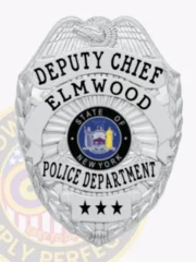 This elegant custom metal badge shines in silver, showcasing "DEPUTY CHIEF" and "ELMWOOD." The center displays New York's emblem encircled by "POLICE DEPARTMENT." A practical safety pin attachment ensures easy application to uniforms.