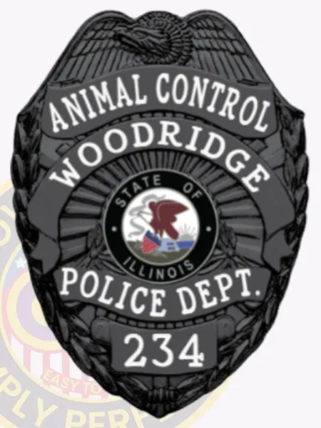 Custom black metal badge for Woodridge Police Animal Control featuring an eagle figure atop, clear white text including “ANIMAL CONTROL,” “WOODRIDGE POLICE DEPT.,” Illinois state insignia in the center, and badge number “234,” secured with a safety pin.