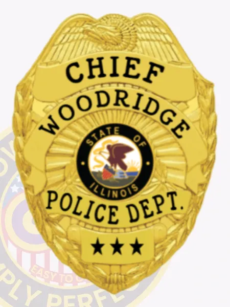Woodridge Police Chief’s custom gold metal badge showing a detailed gold eagle crest on top, bold black letters spelling "CHIEF WOODRIDGE POLICE DEPT.," Illinois state seal in the center and three black stars on a gold plate below, attached with a safety pin.