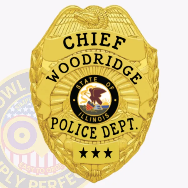 Custom gold eagle top metal badge for Woodridge Police Chief, featuring a raised gold eagle at the top, black text reading "CHIEF WOODRIDGE POLICE DEPT.," with the Illinois state seal in the center and three black stars on a gold plate at the bottom, secured by a safety pin attachment.