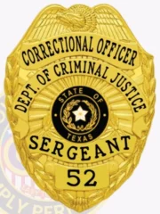 A custom metal badge in a bright gold color, shaped like a shield, representing a Correctional Officer from the Department of Criminal Justice in Texas. The badge prominently displays "CORRECTIONAL OFFICER" at the top, followed by "DEPT. OF CRIMINAL JUSTICE" in bold text. In the center, it features the state seal of Texas, surrounded by decorative elements. The badge is marked with "SERGEANT" and the number "52" at the bottom, and includes a safety pin attachment on the back for secure wear by correctional personnel, emphasizing its practical design and authority.