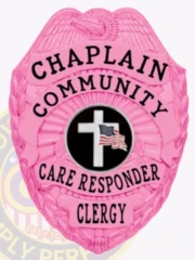 This elegant custom metal badge in BCAM pink color with a safety pin attachment displays the words "CHAPLAIN," "COMMUNITY," and "CLERGY." The badge features a striking design with a central emblem of a white cross, reflecting purpose and service to the community.