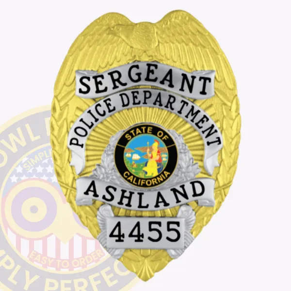 This elegant custom metal badge shines in gold, enhanced with striking silver panels, showcasing "SERGEANT" and "POLICE DEPARTMENT." The center displays California's emblem encircled by "ASHLAND" and the number "4455." A practical safety pin attachment ensures easy application to uniforms.