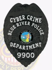 This custom metal badge gleams in black, emphasizing "CYBER CRIME" and "BLUE RIVER POLICE" prominently. The center displays the state emblem of California within a black circle, with "DEPARTMENT" and badge number "9900" clearly stated below. A sturdy safety pin attachment makes it easy to wear securely on various garments.