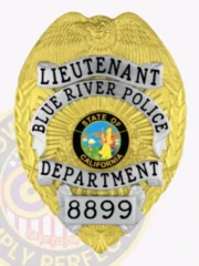 A custom metal badge in a radiant gold color, accented with silver panels, prominently displaying the title "LIEUTENANT" at the top and "BLUE RIVER POLICE" below. The badge features the state emblem of California within a circular design, along with "DEPARTMENT" and badge number "8899." It includes a safety pin attachment for secure wear on uniforms.