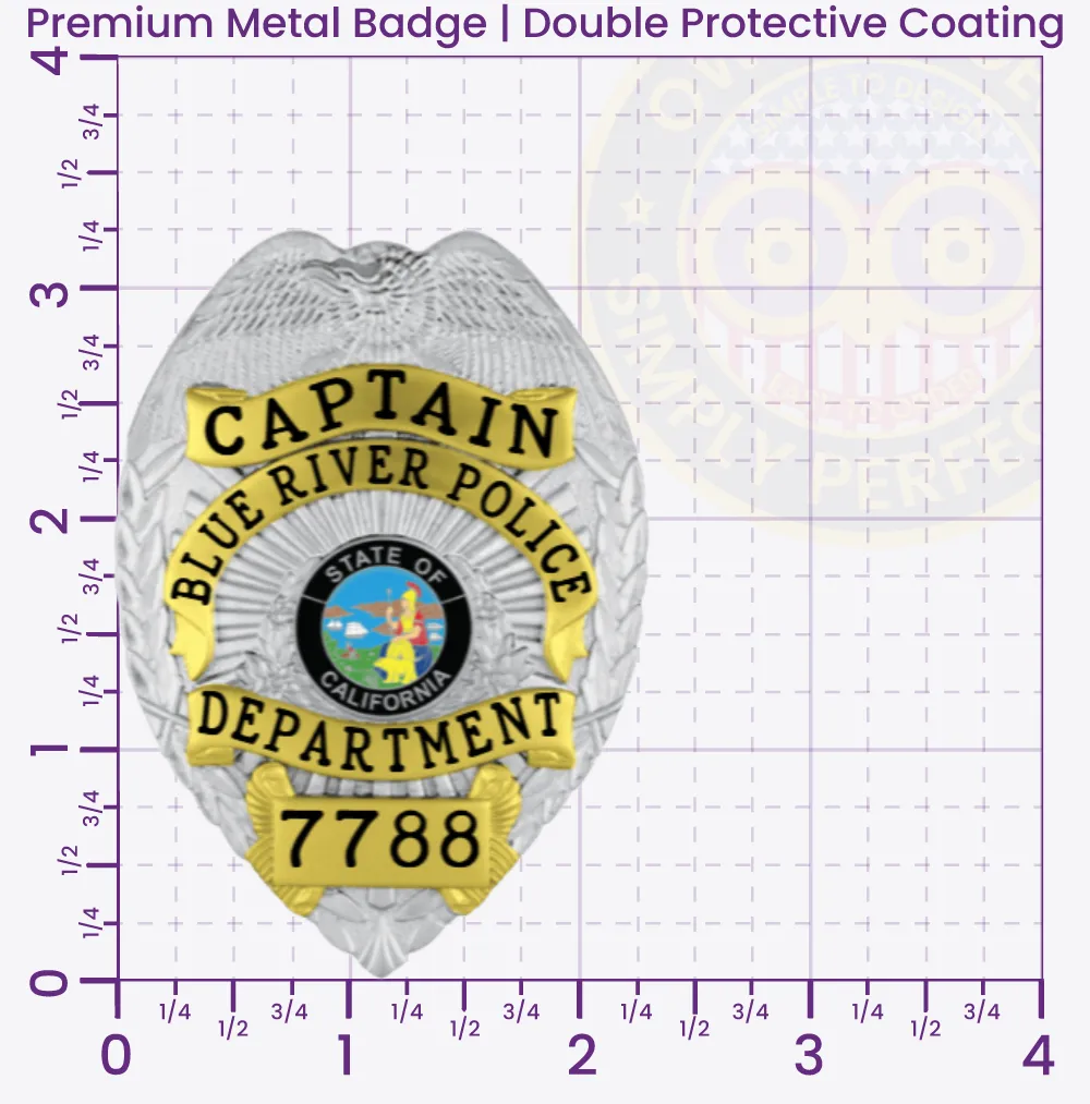 3-F3CMB Custom Badges And Design, Create, Build and Order Custom Badges Personalized Badges Officer Badges Blue River Police Silver Badges 3.25 Premium