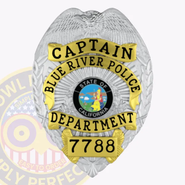 Featuring a stylish custom metal badge in silver with gold panels, this design highlights "CAPTAIN" alongside "BLUE RIVER POLICE DEPARTMENT." The central emblem represents California and is framed by the badge number "7788." The badge includes a safety pin attachment for reliable and secure wear.