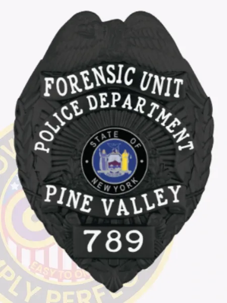 A custom metal badge in a sleek black color, prominently displaying "FORENSIC UNIT" at the top and "POLICE DEPARTMENT" below. The badge features the state emblem of New York within a circular design, accompanied by "PINE VALLEY" and badge number "789." It includes a safety pin attachment for secure wear on uniforms.