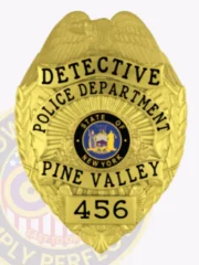 This elegant custom metal badge shines in gold, showcasing "DETECTIVE" and "POLICE DEPARTMENT." The center displays New York's emblem encircled by "PINE VALLEY" and the number "456." A practical safety pin attachment ensures easy application to uniforms.
