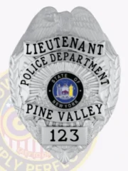 Featuring a stylish custom metal badge in silver, this design highlights "LIEUTENANT" alongside "POLICE DEPARTMENT." The central emblem represents New York and is framed by "PINE VALLEY" and badge number "123." The badge includes a safety pin attachment for reliable and secure wear.