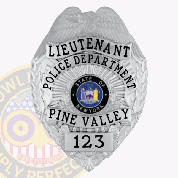 A distinctive custom metal badge in glossy silver showcases the title "LIEUTENANT" and "POLICE DEPARTMENT." The center features an emblem of New York, accompanied by "PINE VALLEY" and identification number "123." It is equipped with a safety pin attachment for convenient application on various clothing items.