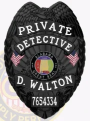 Presented is a custom metal badge in bold black, featuring the title "PRIVATE DETECTIVE" and the central emblem of Alabama. The safety pin attachment ensures secure wear, making it suitable for those in investigative roles who prioritize both functionality and style in their identification.