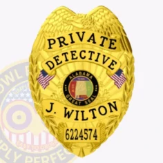 This image showcases a custom metal badge in a radiant gold color, prominently displaying "private detective" along with the name "j. Wilton. " the badge features a safety pin attachment, ensuring secure fastening for private detectives who need to present their credentials confidently.
