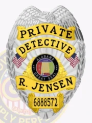 Highlighted is a custom metal badge in a polished silver finish, accentuated with gold panels that read "GREAT SEAL" along with the State of Alabama emblem. The reliable safety pin attachment makes this badge ideal for private investigators seeking a stylish and functional identification solution.