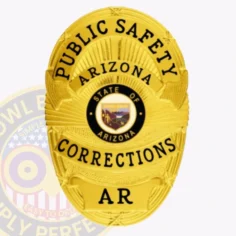 Close up of a custom metal badge in gold with safety pin attachment, designed for public safety in arizona's department of corrections. The badge showcases the text "public safety" at the top and "corrections" at the bottom, with "arizona" arching above. A central state emblem adds a distinctive feature, while the safety pin attachment ensures secure fastening to uniforms, making it both functional and visually striking for law enforcement personnel.